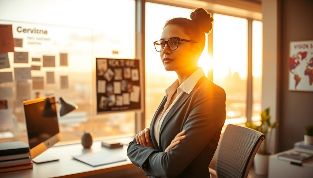 A serene and inspiring office environment symbolizing career realignment, featuring a professional woman in business attire contemplating her future. She stands at a modern desk surrounded by motivational elements like a vision board filled with goals and aspirations. A large window in the background reveals a city skyline during golden hour, letting in warm, golden light that bathes the scene in optimism. The foreground focuses on her thoughtful expression, with sharp detail on her face and posture, captured using a Sony A7R IV at 70mm, ensuring a clear and defined image. The atmosphere is uplifting, promoting a strong sense of purpose and possibility, while the overall color palette is warm and inviting, reflecting hope and clarity in career transitions.