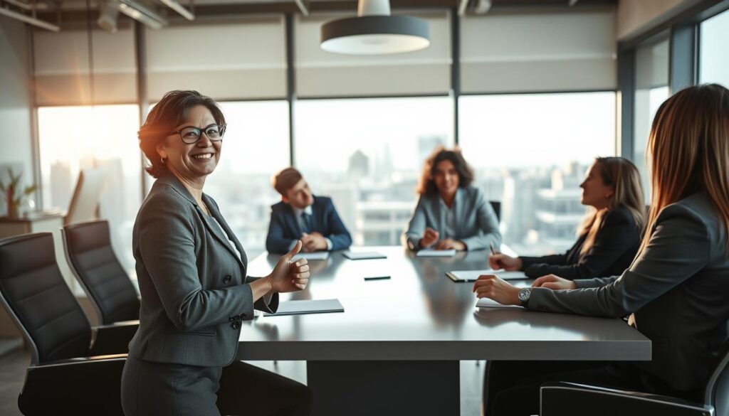 A serene and inspiring office scene depicting a group of diverse professionals, engaged in a brainstorming session around a sleek conference table. In the foreground, a middle-aged woman in professional attire exemplifies a positive demeanor, smiling and gesturing enthusiastically as she encourages her colleagues. The middle ground features a young man taking notes, visibly inspired by the exchange of ideas, while a woman beside him nods in agreement, showcasing enthusiasm. The background displays a bright, sunlit window with city views, adding a sense of openness and opportunity. Soft, natural lighting enhances the atmosphere of collaboration and positivity. Shot on a Sony A7R IV at 70mm, the image is clearly focused with sharply defined details, utilizing a polarized filter to enrich colors and contrasts, evoking a mood of motivation and determination. A serene and inspiring office scene depicting a group of diverse professionals, engaged in a brainstorming session around a sleek conference table. In the foreground, a middle-aged woman in professional attire exemplifies a positive demeanor, smiling and gesturing enthusiastically as she encourages her colleagues. The middle ground features a young man taking notes, visibly inspired by the exchange of ideas, while a woman beside him nods in agreement, showcasing enthusiasm. The background displays a bright, sunlit window with city views, adding a sense of openness and opportunity. Soft, natural lighting enhances the atmosphere of collaboration and positivity. Shot on a Sony A7R IV at 70mm, the image is clearly focused with sharply defined details, utilizing a polarized filter to enrich colors and contrasts, evoking a mood of motivation and determination.