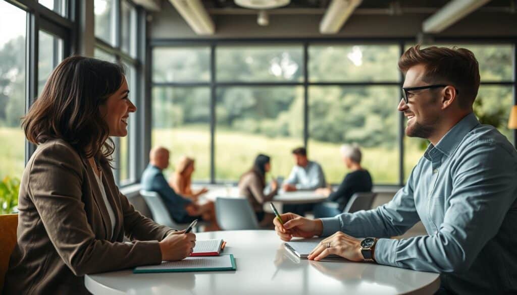 A serene and inspiring workspace depicting a diverse group of individuals engaged in collaborative activities that enhance social skills. In the foreground, two people in professional attire—one woman and one man—are animatedly discussing while seated at a round table, with notepads and pens in hand. In the middle, other participants are visible in pairs, practicing role-playing exercises that convey connection and engagement. The background features large windows letting in natural light, creating a warm and inviting atmosphere. Soft focus outside reveals a lush, green landscape symbolizing growth and collaboration. The scene is composed with a 70mm lens, shot clearly and sharply, utilizing a polarized filter to enhance colors and details, fostering a mood of positivity and professional development. A serene and inspiring workspace depicting a diverse group of individuals engaged in collaborative activities that enhance social skills. In the foreground, two people in professional attire—one woman and one man—are animatedly discussing while seated at a round table, with notepads and pens in hand. In the middle, other participants are visible in pairs, practicing role-playing exercises that convey connection and engagement. The background features large windows letting in natural light, creating a warm and inviting atmosphere. Soft focus outside reveals a lush, green landscape symbolizing growth and collaboration. The scene is composed with a 70mm lens, shot clearly and sharply, utilizing a polarized filter to enhance colors and details, fostering a mood of positivity and professional development.