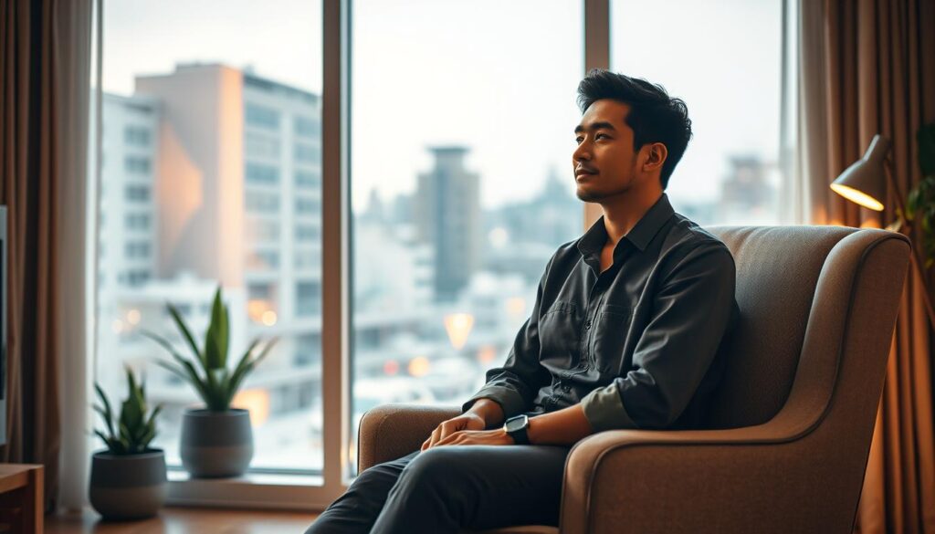 A serene and introspective scene depicting a professional individual sitting comfortably in a plush armchair within a softly lit, modern living room. The foreground features a person in modest casual attire, gazing thoughtfully out of a large window, with a peaceful expression that conveys contentment and reflection. In the middle ground, stylized potted plants and warm lighting create a cozy atmosphere. The background showcases a blurred cityscape, symbolizing the world outside the comfort zone. Shot on a Sony A7R IV at 70mm, the image is sharply defined, emphasizing warm hues and natural light through the polarized filter, evoking a tranquil mood that encourages contemplation and connection to personal growth.
