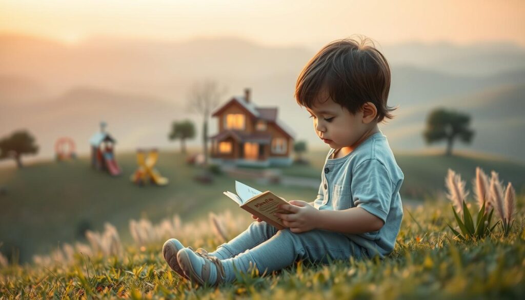 A serene and introspective scene depicting the influence of childhood on personality. In the foreground, a young child, dressed in modest, casual clothing, sits on a grassy hill, immersed in reading a book. The child's expressions of curiosity and wonder reflect their developing personality. In the middle ground, elements of various childhood environments, such as a playground, a cozy home with warm lighting, and inviting trees, illustrate different upbringing influences. The background features a soft, dreamy landscape with rolling hills and a gentle sunset sky, casting a warm golden hue over the scene. The mood is reflective and hopeful, emphasizing growth and development. Shot with a Sony A7R IV at 70mm, the focus is sharp on the child, while the surroundings gently blur, creating a soft bokeh effect that adds depth to the image. A serene and introspective scene depicting the influence of childhood on personality. In the foreground, a young child, dressed in modest, casual clothing, sits on a grassy hill, immersed in reading a book. The child's expressions of curiosity and wonder reflect their developing personality. In the middle ground, elements of various childhood environments, such as a playground, a cozy home with warm lighting, and inviting trees, illustrate different upbringing influences. The background features a soft, dreamy landscape with rolling hills and a gentle sunset sky, casting a warm golden hue over the scene. The mood is reflective and hopeful, emphasizing growth and development. Shot with a Sony A7R IV at 70mm, the focus is sharp on the child, while the surroundings gently blur, creating a soft bokeh effect that adds depth to the image.