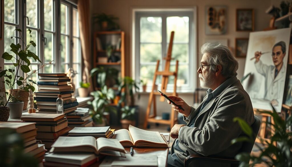 A serene and introspective scene featuring various famous introverted personalities engaged in quiet contemplation. In the foreground, a thoughtful author sits at a desk piled with books, wearing professional attire, gazing out the window at a lush garden. In the middle ground, a renowned scientist is seen sketching in a notebook, surrounded by scientific equipment and plants, emphasizing curiosity and innovation. In the background, a distant, blurred figure, perhaps referencing a famous artist, is absorbed in painting a large canvas, bathed in soft, natural lighting. The atmosphere is calm and inviting, with warm tones creating a sense of tranquility. The scene is shot with a Sony A7R IV at 70mm, ensuring clear focus and sharp definition, complemented by a polarized filter to enhance colors and details. A serene and introspective scene featuring various famous introverted personalities engaged in quiet contemplation. In the foreground, a thoughtful author sits at a desk piled with books, wearing professional attire, gazing out the window at a lush garden. In the middle ground, a renowned scientist is seen sketching in a notebook, surrounded by scientific equipment and plants, emphasizing curiosity and innovation. In the background, a distant, blurred figure, perhaps referencing a famous artist, is absorbed in painting a large canvas, bathed in soft, natural lighting. The atmosphere is calm and inviting, with warm tones creating a sense of tranquility. The scene is shot with a Sony A7R IV at 70mm, ensuring clear focus and sharp definition, complemented by a polarized filter to enhance colors and details.
