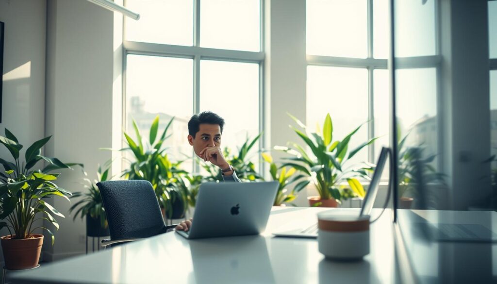 A serene and introspective scene set in a modern, sunlit office. In the foreground, a thoughtful individual in professional attire sits at a sleek desk, looking contemplatively at a reflective surface, such as a mirror or a laptop screen, symbolizing self-reflection. The middle ground features lush indoor plants that add vibrancy and a sense of growth. In the background, large windows allow natural light to flood the space, casting soft shadows and enhancing the atmosphere of calm and focus. The overall mood is one of clarity and purpose, inviting viewers to consider their own personal development. Shot on a Sony A7R IV at 70mm, with clear focus and sharply defined details, using a polarized filter to enhance the colors and textures.