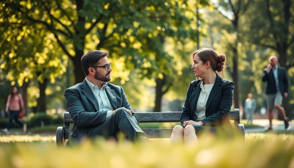 A serene and inviting scene depicting two professionals engaged in deep, respectful conversation, surrounded by a lush, green park. In the foreground, a man and woman sit on a comfortable bench, both dressed in professional attire, leaning slightly toward each other with attentive expressions, demonstrating the concept of "bewusstes Zuhören" (conscious listening). The middle layer features vibrant trees and soft, dappled sunlight filtering through the leaves, creating a peaceful atmosphere that encourages open communication. In the background, a gentle blur of people walking by, enjoying the day, enhances the feeling of connection and community. Captured with a Sony A7R IV at 70mm, the image has sharply defined details, rich colors, and a warm, inviting mood, enhanced by a polarized filter that emphasizes clarity and depth. A serene and inviting scene depicting two professionals engaged in deep, respectful conversation, surrounded by a lush, green park. In the foreground, a man and woman sit on a comfortable bench, both dressed in professional attire, leaning slightly toward each other with attentive expressions, demonstrating the concept of "bewusstes Zuhören" (conscious listening). The middle layer features vibrant trees and soft, dappled sunlight filtering through the leaves, creating a peaceful atmosphere that encourages open communication. In the background, a gentle blur of people walking by, enjoying the day, enhances the feeling of connection and community. Captured with a Sony A7R IV at 70mm, the image has sharply defined details, rich colors, and a warm, inviting mood, enhanced by a polarized filter that emphasizes clarity and depth.