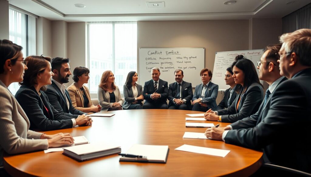 A serene and professional conference room set up for a conflict discussion, featuring a large round table surrounded by diverse individuals dressed in smart business attire. The foreground includes a notepad and pen, emphasizing preparedness for dialogue. In the middle, participants are engaged in conversation with attentive expressions, showcasing a respectful and open atmosphere. The background includes a large window with natural light pouring in, softening the space, and a whiteboard with notes on effective communication strategies. The room's color palette is warm and inviting, creating a conducive environment for conflict resolution. Shot with a Sony A7R IV at 70mm, clearly focused, with sharply defined details and a polarized filter to enhance lighting and reduce glare. The overall mood is calm, collaborative, and optimistic.