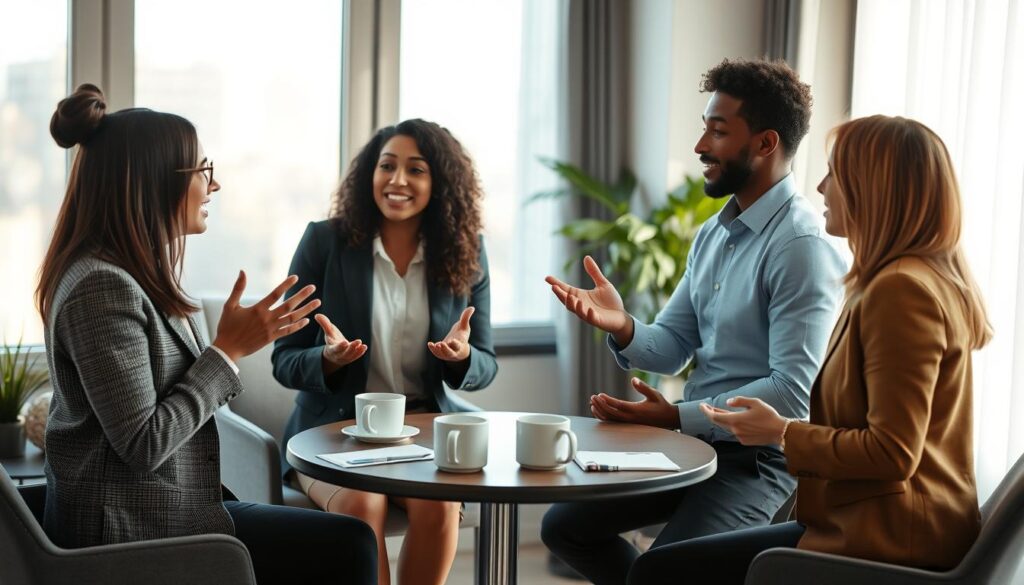 A serene and professional office environment, featuring a diverse group of four individuals engaged in a constructive conflict resolution session. The foreground shows two people in business attire, a woman and a man, discussing passionately with open body language. In the middle, a round table with notepads and coffee cups is visible, signifying collaboration. In the background, a large window allows soft, natural light to flood the room, casting gentle shadows and creating a calm atmosphere. The scene captures the essence of conflict resolution techniques, highlighting teamwork and understanding. Shot on a Sony A7R IV at 70mm, clearly focused and sharply defined with a polarized filter, the image conveys a sense of unity and positivity, ideal for illustrating stress-free conflict management strategies.
