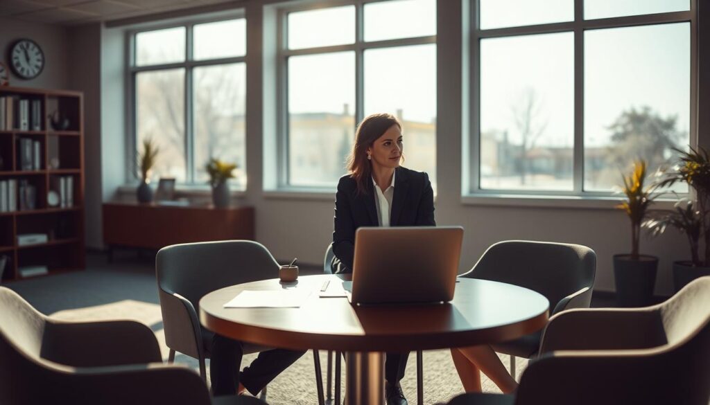 A serene and professional office setting depicting a conflict mediation meeting. In the foreground, two business professionals, a man and a woman, are engaged in an active discussion, both dressed in smart business attire. The middle ground features a round table with mediation documents and a laptop open, symbolizing collaboration. In the background, large windows allow natural light to flood the room, casting soft shadows and creating a warm atmosphere. The lighting is bright yet calming, enhancing the mood of resolution and understanding. The scene is captured with a Sony A7R IV at 70mm, ensuring sharp focus on the participants while providing a subtle bokeh effect on the surroundings to emphasize the mediation process.