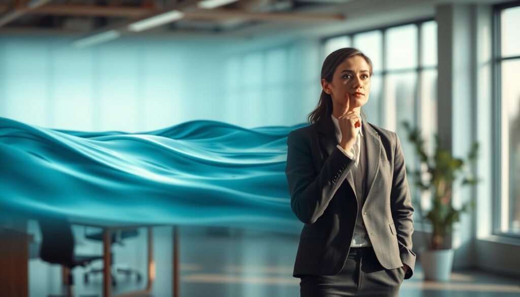 A serene and tranquil scene illustrating the theme of "health affected by inner turmoil." In the foreground, a professional individual dressed in modest business attire stands thoughtfully with their hand on their chin, reflecting contemplation. In the middle ground, an abstract representation of waves or ripples symbolizes inner unrest, with soft, flowing colors of blues and greens blending together. The background features a blurred image of a peaceful office environment, filled with soft natural light filtering through large windows, creating a warm and calming atmosphere. The shot is captured using a Sony A7R IV at 70mm, ensuring sharp focus and clarity, heightened by a polarized filter to reduce glare. The overall mood conveys a sense of introspection and the contrasting impact of inner unrest on personal well-being. A serene and tranquil scene illustrating the theme of "health affected by inner turmoil." In the foreground, a professional individual dressed in modest business attire stands thoughtfully with their hand on their chin, reflecting contemplation. In the middle ground, an abstract representation of waves or ripples symbolizes inner unrest, with soft, flowing colors of blues and greens blending together. The background features a blurred image of a peaceful office environment, filled with soft natural light filtering through large windows, creating a warm and calming atmosphere. The shot is captured using a Sony A7R IV at 70mm, ensuring sharp focus and clarity, heightened by a polarized filter to reduce glare. The overall mood conveys a sense of introspection and the contrasting impact of inner unrest on personal well-being.