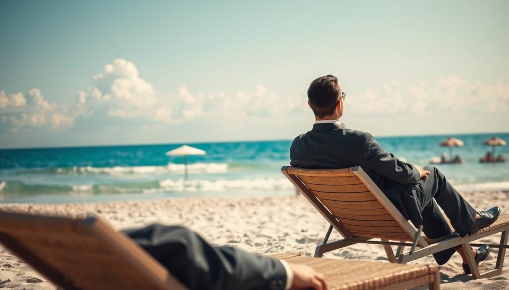 A serene beach scene representing the theme of "vacation after termination." In the foreground, a relaxed individual, dressed in professional business attire, enjoys a moment of reflection while sitting on a lounge chair, looking out at the ocean. In the middle ground, gentle waves lap at the shore, where a few beach umbrellas and sunbathers are visible, all in modest clothing. The background features a clear blue sky with soft, fluffy clouds, enhancing the tranquility of the atmosphere. The warm sunlight casts soft shadows, creating a peaceful and contemplative mood. The image should evoke a sense of calm and new beginnings, with a focus on clarity and detail as if shot with a Sony A7R IV at 70mm using a polarized filter.