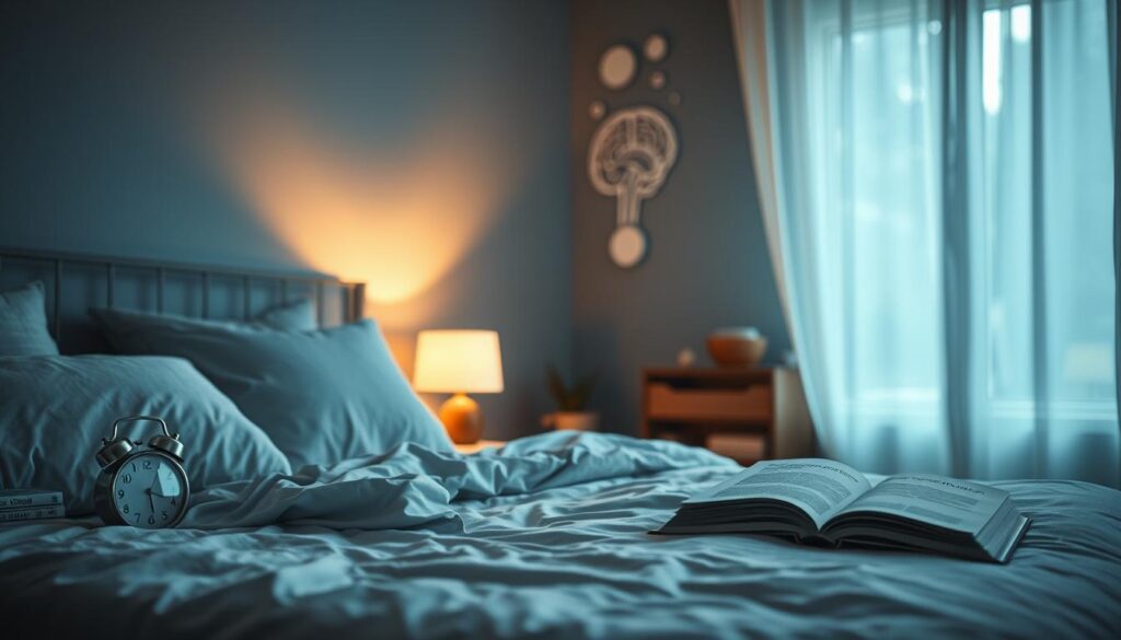 A serene bedroom scene depicting the importance of sleep for cognitive function. In the foreground, a cozy bed with plush pillows and a soft blanket, inviting relaxation. A bedside table holds a glowing alarm clock and a book about cognition and sleep. The middle ground showcases a dimly lit room, with gentle light filtering through sheer curtains, creating a calm atmosphere. In the background, a calming wall mural featuring brain-like patterns and soft, abstract shapes symbolizing thoughts and dreams. Shot with a Sony A7R IV at 70mm, with a sharp focus on the bed and gently blurred elements behind. The mood is tranquil and introspective, emphasizing the restorative power of sleep for enhancing mental performance. A serene bedroom scene depicting the importance of sleep for cognitive function. In the foreground, a cozy bed with plush pillows and a soft blanket, inviting relaxation. A bedside table holds a glowing alarm clock and a book about cognition and sleep. The middle ground showcases a dimly lit room, with gentle light filtering through sheer curtains, creating a calm atmosphere. In the background, a calming wall mural featuring brain-like patterns and soft, abstract shapes symbolizing thoughts and dreams. Shot with a Sony A7R IV at 70mm, with a sharp focus on the bed and gently blurred elements behind. The mood is tranquil and introspective, emphasizing the restorative power of sleep for enhancing mental performance.