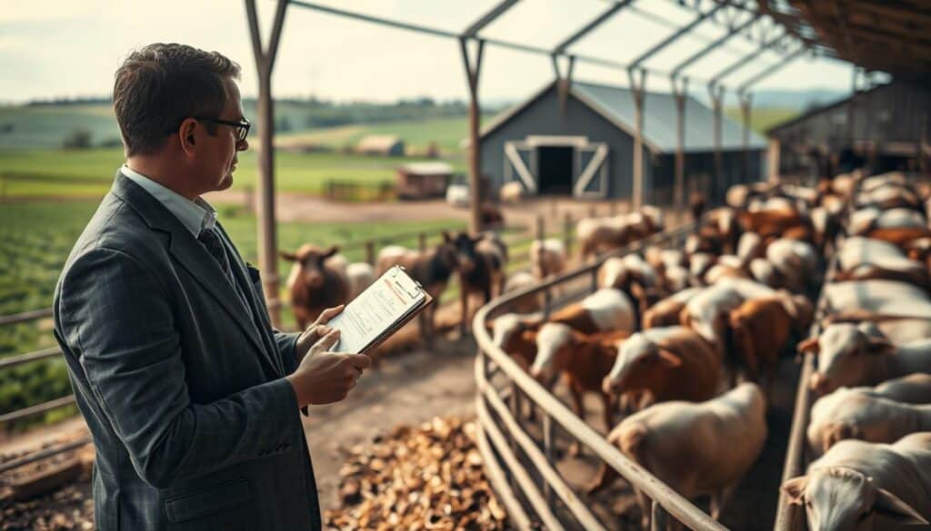 A serene farm scene illustrating compliance with animal welfare laws in a factory farming setting. In the foreground, a professional in business attire examines a livestock area, clipboard in hand, highlighting humane treatment. The middle ground shows livestock in spacious enclosures, with signs of proper care, cleanliness, and enrichment features like straw and shaded areas. The background features a well-maintained barn and verdant fields under soft, natural lighting, creating a calm atmosphere. The image is shot with a Sony A7R IV at 70mm, ensuring sharp focus on the subject with a polarized filter enhancing colors. The overall mood is one of professionalism and commitment to ethical animal treatment, emphasizing the importance of regulations in animal husbandry. A serene farm scene illustrating compliance with animal welfare laws in a factory farming setting. In the foreground, a professional in business attire examines a livestock area, clipboard in hand, highlighting humane treatment. The middle ground shows livestock in spacious enclosures, with signs of proper care, cleanliness, and enrichment features like straw and shaded areas. The background features a well-maintained barn and verdant fields under soft, natural lighting, creating a calm atmosphere. The image is shot with a Sony A7R IV at 70mm, ensuring sharp focus on the subject with a polarized filter enhancing colors. The overall mood is one of professionalism and commitment to ethical animal treatment, emphasizing the importance of regulations in animal husbandry.