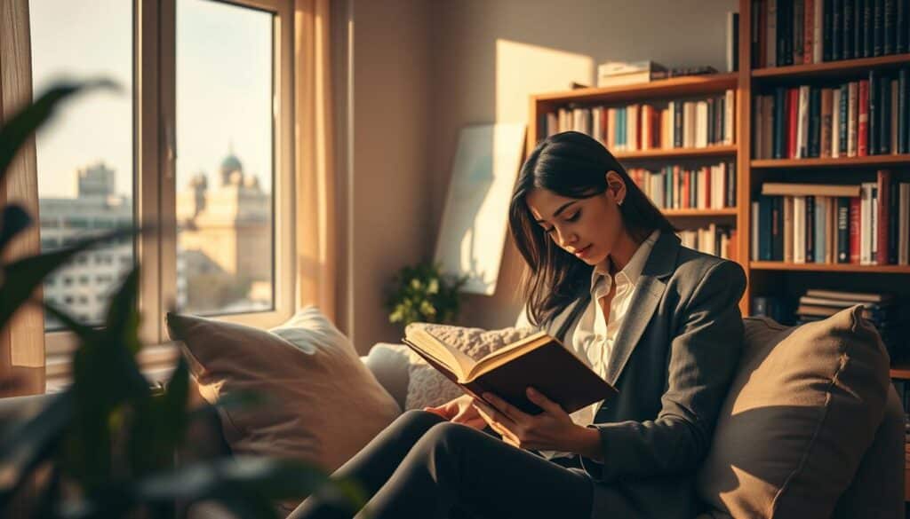 A serene indoor environment illustrating the influence of surroundings on introversion, featuring a cozy reading nook. In the foreground, a young woman in professional attire is absorbed in a book, surrounded by soft pillows and a small plant. The middle ground shows a calming space with warm lighting from a nearby window, casting gentle shadows. Bookshelves filled with diverse literature create an inviting atmosphere. In the background, a subtle hint of a bustling urban landscape is visible through the window, symbolizing external stimulation. The scene is captured with a Sony A7R IV at 70mm, showcasing clear focus and sharp details, enhanced by a polarized filter to emphasize the warm tones, evoking a thoughtful, introspective mood. A serene indoor environment illustrating the influence of surroundings on introversion, featuring a cozy reading nook. In the foreground, a young woman in professional attire is absorbed in a book, surrounded by soft pillows and a small plant. The middle ground shows a calming space with warm lighting from a nearby window, casting gentle shadows. Bookshelves filled with diverse literature create an inviting atmosphere. In the background, a subtle hint of a bustling urban landscape is visible through the window, symbolizing external stimulation. The scene is captured with a Sony A7R IV at 70mm, showcasing clear focus and sharp details, enhanced by a polarized filter to emphasize the warm tones, evoking a thoughtful, introspective mood.