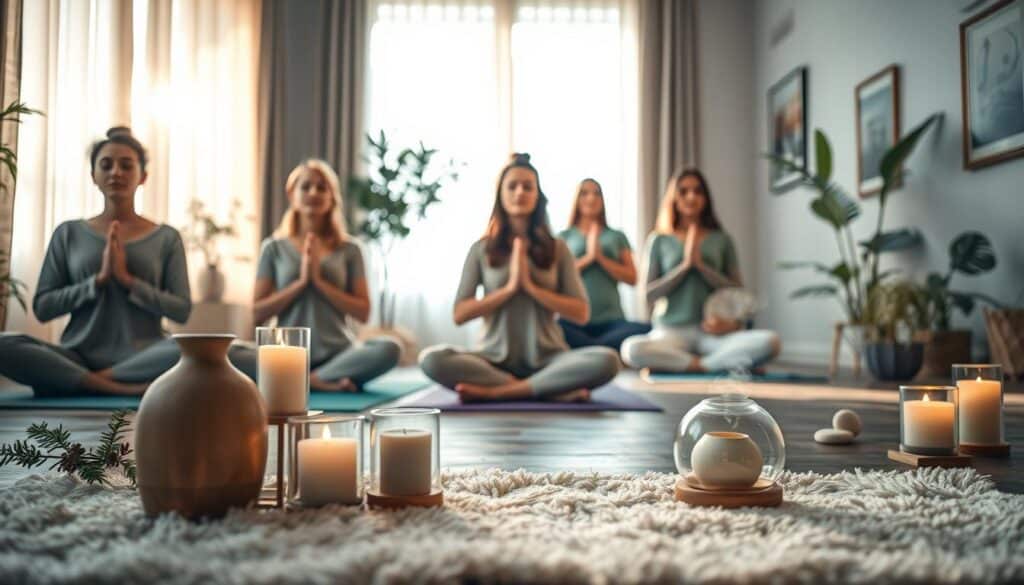 A serene indoor scene focused on relaxation techniques for achieving inner calm. In the foreground, a plush yoga mat with seasonal decor, elegant candles, and soothing essential oil diffusers. In the middle, a diverse group of individuals practicing mindfulness meditation in modest casual clothing, expressing tranquility and focus. A gentle sunlight filters through sheer curtains, casting soft, warm light across the room. In the background, indoor plants add a touch of nature, and calming artwork adorns the walls. Shot with a Sony A7R IV at 70mm, with clear focus and sharp definition, enhanced by a polarized filter to enrich colors and depth. The mood is peaceful and inviting, embodying a space dedicated to relaxation and serenity. A serene indoor scene focused on relaxation techniques for achieving inner calm. In the foreground, a plush yoga mat with seasonal decor, elegant candles, and soothing essential oil diffusers. In the middle, a diverse group of individuals practicing mindfulness meditation in modest casual clothing, expressing tranquility and focus. A gentle sunlight filters through sheer curtains, casting soft, warm light across the room. In the background, indoor plants add a touch of nature, and calming artwork adorns the walls. Shot with a Sony A7R IV at 70mm, with clear focus and sharp definition, enhanced by a polarized filter to enrich colors and depth. The mood is peaceful and inviting, embodying a space dedicated to relaxation and serenity.
