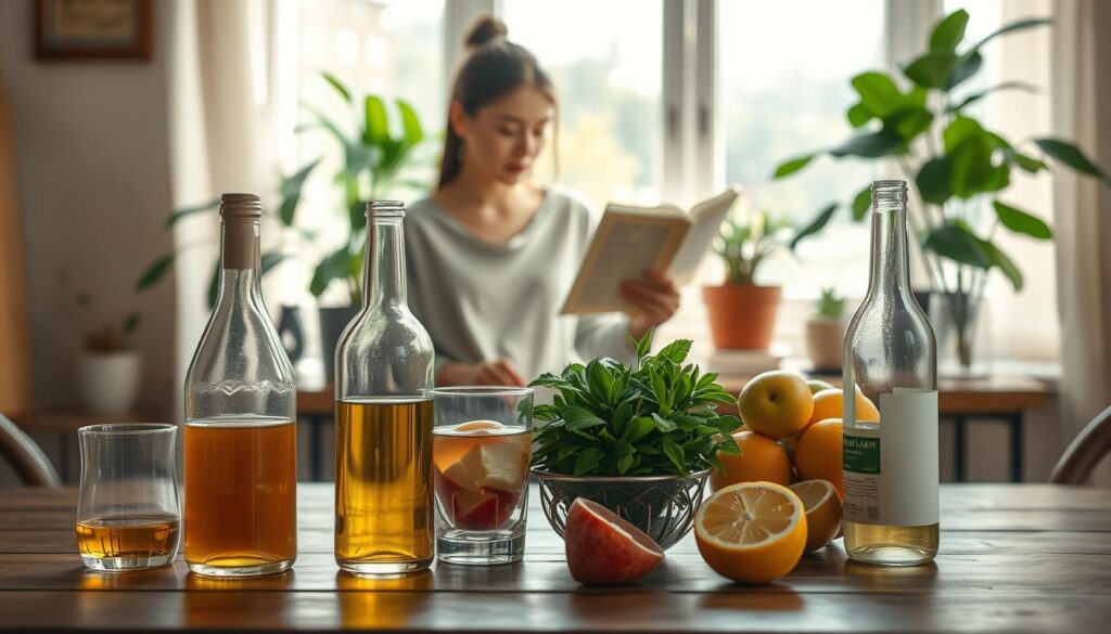 A serene indoor setting reflecting a peaceful lifestyle choice, emphasizing the theme of avoiding drugs and alcohol. In the foreground, a well-organized table showcases healthy drinks like herbal tea and fresh fruit, contrasting against an empty wine bottle to signify abstention. The middle layer features a person dressed in modest casual attire, appearing contemplative while reading a self-help book, surrounded by potted plants that symbolize growth and serenity. In the background, soft natural light filters through a large window, creating a warm, inviting atmosphere that emanates calm. The shot is framed with a 70mm lens on a Sony A7R IV, ensuring crisp focus and defined details, highlighted by a polarized filter to enhance the colors and reflections in the scene. The overall mood is one of tranquility and positive living choices. A serene indoor setting reflecting a peaceful lifestyle choice, emphasizing the theme of avoiding drugs and alcohol. In the foreground, a well-organized table showcases healthy drinks like herbal tea and fresh fruit, contrasting against an empty wine bottle to signify abstention. The middle layer features a person dressed in modest casual attire, appearing contemplative while reading a self-help book, surrounded by potted plants that symbolize growth and serenity. In the background, soft natural light filters through a large window, creating a warm, inviting atmosphere that emanates calm. The shot is framed with a 70mm lens on a Sony A7R IV, ensuring crisp focus and defined details, highlighted by a polarized filter to enhance the colors and reflections in the scene. The overall mood is one of tranquility and positive living choices.