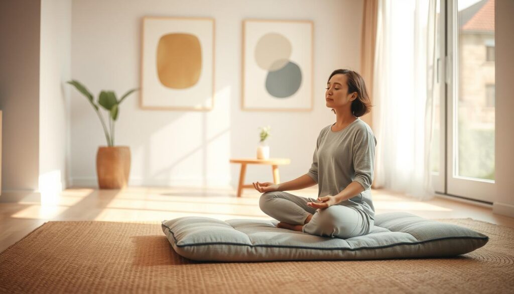 A serene indoor space designed for mindfulness and meditation, featuring a comfortable meditation cushion placed on a soft, natural fiber rug. In the foreground, a peaceful individual wearing modest, casual clothing sits in a cross-legged position, eyes closed, embodying tranquility. Soft natural light filters through a nearby window, creating gentle shadows that enhance the calming atmosphere. In the middle ground, a small wooden table holds a lit candle and a small plant, symbolizing growth and nature. The background is adorned with calming wall art depicting abstract shapes, evoking feelings of peace and reflection. Shot on a Sony A7R IV with a 70mm lens, sharply defined and clearly focused, using a polarized filter to enrich colors and details. The overall mood is soothing and contemplative, inviting viewers to engage in mindfulness practices. A serene indoor space designed for mindfulness and meditation, featuring a comfortable meditation cushion placed on a soft, natural fiber rug. In the foreground, a peaceful individual wearing modest, casual clothing sits in a cross-legged position, eyes closed, embodying tranquility. Soft natural light filters through a nearby window, creating gentle shadows that enhance the calming atmosphere. In the middle ground, a small wooden table holds a lit candle and a small plant, symbolizing growth and nature. The background is adorned with calming wall art depicting abstract shapes, evoking feelings of peace and reflection. Shot on a Sony A7R IV with a 70mm lens, sharply defined and clearly focused, using a polarized filter to enrich colors and details. The overall mood is soothing and contemplative, inviting viewers to engage in mindfulness practices.