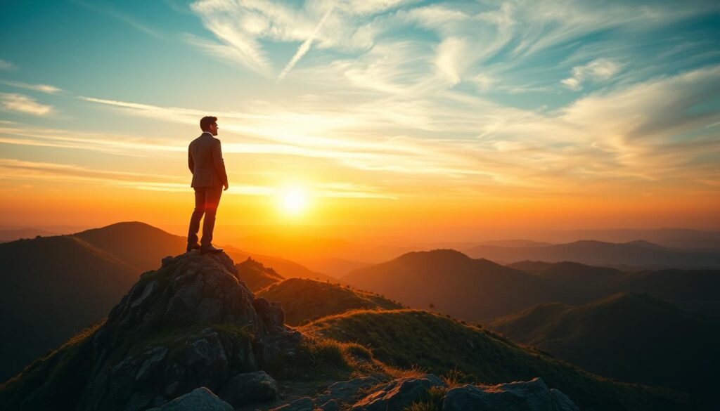 A serene landscape depicting a person standing atop a mountain peak, gazing towards the horizon as the sun rises, casting golden light across the scene. The foreground features the figure, dressed in professional business attire, symbolizing determination and ambition. In the middle ground, rolling hills covered with lush greenery convey a sense of growth and opportunity. The background shows a vibrant sky transitioning from deep blue to warm orange, creating a hopeful, inspiring atmosphere. The image is captured with a Sony A7R IV at 70mm, ensuring a clear focus on the subject while subtly blurring the distant landscape. A polarized filter enhances the colors and contrasts, enriching the overall mood of aspiration and understanding the significance of goals.