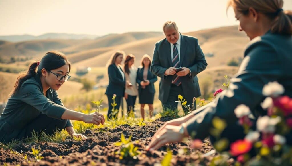 A serene landscape depicting personal growth, featuring a diverse group of individuals in professional business attire engaged in collaborative activities. In the foreground, a young woman plants a seedling, symbolizing the beginning of personal development, while a middle-aged man offers guidance, fostering a spirit of help and mentorship. In the middle ground, a small gathering enjoys a workshop under a bright, sunny sky, surrounded by lush greenery and blooming flowers. The background showcases rolling hills bathed in warm sunlight, reflecting a hopeful atmosphere of growth and connections. The scene is captured with a Sony A7R IV at 70mm, clearly focused with sharply defined details and a polarized filter, enhancing the vibrant colors and serene mood.