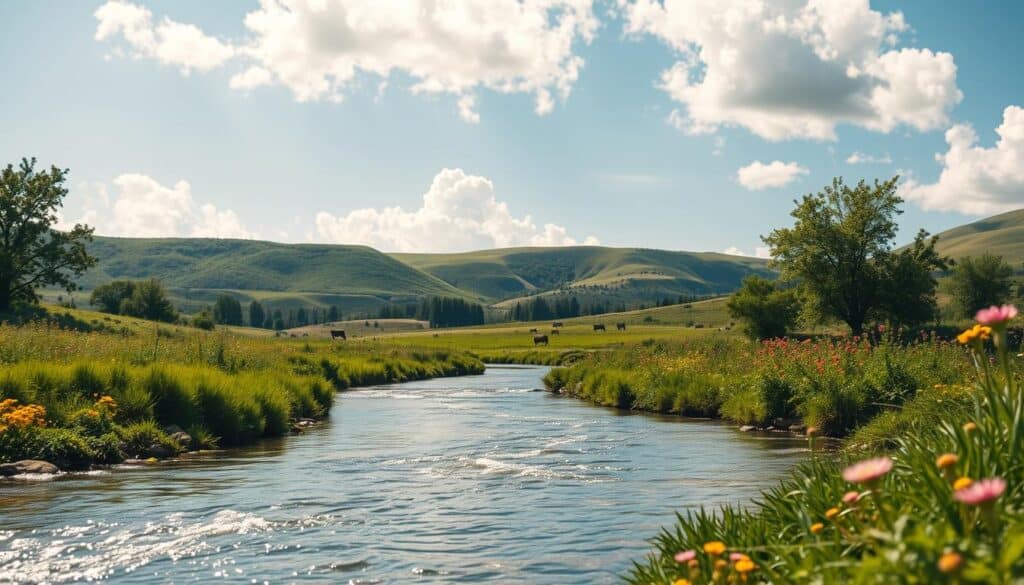 A serene landscape illustrating the concept of free goods, featuring a thriving natural environment. In the foreground, a crystal-clear river meanders gently, surrounded by lush greenery and vibrant wildflowers, signifying abundance and resource availability. The middle ground transitions into rolling hills dotted with grazing animals, embodying the harmony between nature and economics. In the background, soft, fluffy clouds drift across a bright blue sky, creating a peaceful atmosphere. The lighting is bright and inviting, casting gentle reflections on the water's surface. Captured with a Sony A7R IV at 70mm, the focus is sharp and clear, enhanced by a polarized filter to enrich colors and contrasts, emphasizing the tranquility and richness of free goods in an eco-friendly context. A serene landscape illustrating the concept of free goods, featuring a thriving natural environment. In the foreground, a crystal-clear river meanders gently, surrounded by lush greenery and vibrant wildflowers, signifying abundance and resource availability. The middle ground transitions into rolling hills dotted with grazing animals, embodying the harmony between nature and economics. In the background, soft, fluffy clouds drift across a bright blue sky, creating a peaceful atmosphere. The lighting is bright and inviting, casting gentle reflections on the water's surface. Captured with a Sony A7R IV at 70mm, the focus is sharp and clear, enhanced by a polarized filter to enrich colors and contrasts, emphasizing the tranquility and richness of free goods in an eco-friendly context.