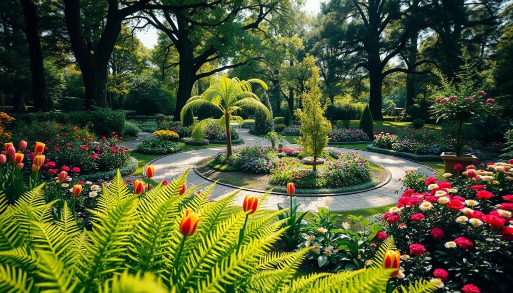 A serene landscape of the Botanischer Garten Osnabrück, showcasing a diverse array of vibrant, colorful plants and flowers. In the foreground, lush green ferns and a variety of blooming flowers such as tulips and daisies catch the eye. The middle ground features well-maintained pathways winding through the garden, interspersed with artfully arranged flowerbeds and small ornamental trees. In the background, towering trees provide dappled sunlight, creating a tranquil atmosphere. The image should be shot on a Sony A7R IV with a 70mm lens to ensure clarity and sharpness, utilizing a polarized filter to enhance colors and reduce glare. The lighting is warm and inviting, capturing a joyful, family-friendly environment perfect for exploring nature.