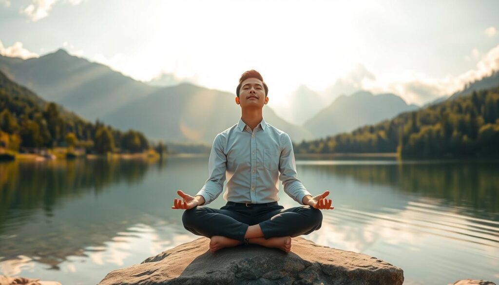 A serene landscape representing stress relief, featuring a tranquil lake surrounded by lush greenery and majestic mountains in the background. In the foreground, a person in professional attire sits cross-legged on a smooth stone, practicing mindfulness with closed eyes and a calm expression. Soft sunlight filters through gentle clouds, creating a warm, inviting glow over the scene. The image is captured with a Sony A7R IV at 70mm, providing a clear focus on the subject, with a blurred background to emphasize tranquility. The atmosphere is peaceful and rejuvenating, embodying the essence of stress relief as a pathway to enhanced cognitive abilities. A serene landscape representing stress relief, featuring a tranquil lake surrounded by lush greenery and majestic mountains in the background. In the foreground, a person in professional attire sits cross-legged on a smooth stone, practicing mindfulness with closed eyes and a calm expression. Soft sunlight filters through gentle clouds, creating a warm, inviting glow over the scene. The image is captured with a Sony A7R IV at 70mm, providing a clear focus on the subject, with a blurred background to emphasize tranquility. The atmosphere is peaceful and rejuvenating, embodying the essence of stress relief as a pathway to enhanced cognitive abilities.