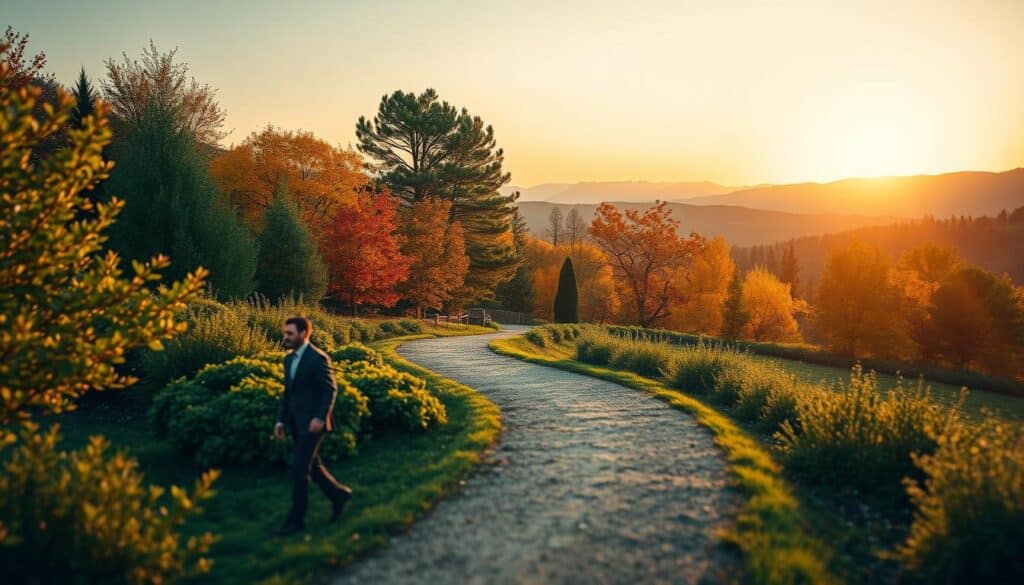 A serene landscape showcasing the theme of "life-long changes," featuring a winding path that symbolizes the journey of personal growth. In the foreground, a confident figure in professional attire walks along the path, surrounded by lush greenery, emphasizing transformation. In the middle ground, a variety of trees transition from vibrant green to autumn hues, representing life's seasons and changes. The background reveals distant mountains under a warm, golden sunset, casting a soft, inspiring light on the scene. Capture the image with a Sony A7R IV at 70mm, ensuring a crisp focus and vivid colors enhanced by a polarized filter. The overall mood should be uplifting and reflective, inviting contemplation on the importance of embracing change.