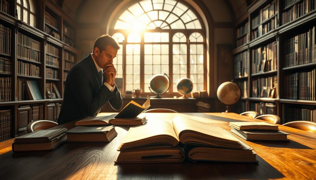 A serene library setting, showcasing a large oak table scattered with ancient philosophical texts and notebooks. In the foreground, a thoughtful figure, dressed in professional business attire, leans over a book, deeply contemplating a hypothetical question. Sunlight streams through large arched windows, casting warm, inviting shadows on the polished wooden floor. In the middle ground, shelves lined with books on philosophy and ethics create a sense of depth and knowledge. In the background, a globe and vintage map suggest exploration of ideas. The atmosphere is reflective and intellectual, evoking the power of philosophical inquiry. Shot with a Sony A7R IV at 70mm, the image is vividly focused, sharply defined, and enhanced with a polarized filter for clarity and depth.