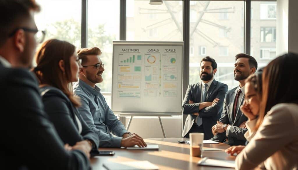 A serene, modern office environment illustrating "individual development" for leaders. In the foreground, a diverse group of professionals in business attire is engaged in a collaborative workshop, showcasing expressions of focus and inspiration. The middle ground features a whiteboard filled with colorful diagrams and goals, indicating a structured approach to personal growth. The background displays large windows allowing natural light to flood the room, creating an uplifting atmosphere. Soft shadows enhance the professionalism of the scene. The image is shot on a Sony A7R IV at 70mm, ensuring sharply defined features and a clear, focused perspective, all enveloped in a warm, motivating mood. A serene, modern office environment illustrating "individual development" for leaders. In the foreground, a diverse group of professionals in business attire is engaged in a collaborative workshop, showcasing expressions of focus and inspiration. The middle ground features a whiteboard filled with colorful diagrams and goals, indicating a structured approach to personal growth. The background displays large windows allowing natural light to flood the room, creating an uplifting atmosphere. Soft shadows enhance the professionalism of the scene. The image is shot on a Sony A7R IV at 70mm, ensuring sharply defined features and a clear, focused perspective, all enveloped in a warm, motivating mood.