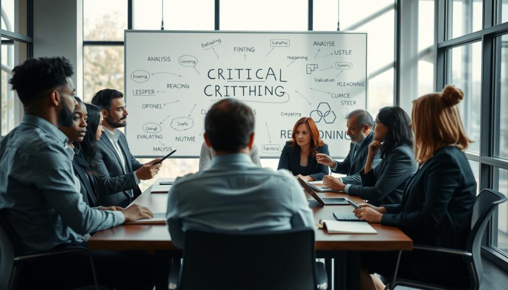 A serene, modern workspace depicting the concept of critical thinking. In the foreground, a diverse group of professionals, dressed in professional attire, engages in a thoughtful discussion around a table with open notebooks and digital tablets. The middle layer features a large whiteboard filled with diagrams and keywords related to critical thinking, such as "analysis," "evaluation," and "reasoning." The background showcases a bright, airy office with large windows letting in natural light, casting soft shadows. The mood is collaborative and insightful, highlighting the importance of dialogue and reflection. Shot on a Sony A7R IV at 70mm, with a polarized filter for clarity and sharp definition, the image should be focused and exude a sense of professionalism and creativity.