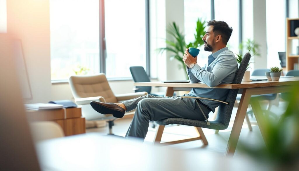 A serene office break scene depicting the importance of taking pauses during work. In the foreground, a casually dressed professional, wearing a light blue shirt and gray trousers, is sitting on a comfortable chair, sipping coffee while looking out of a large window. The middle ground includes a stylish wooden desk, cluttered with notebooks, a laptop, and a small potted plant. In the background, a bright, airy office space with soft natural lighting pouring through large windows, illuminating the modern decor. Shot on a Sony A7R IV with a 70mm lens, the image is clearly focused and sharply defined, using a polarized filter to enhance colors and reduce glare. The atmosphere is calm and inviting, conveying a strong sense of relaxation and mindfulness amidst a busy work life. A serene office break scene depicting the importance of taking pauses during work. In the foreground, a casually dressed professional, wearing a light blue shirt and gray trousers, is sitting on a comfortable chair, sipping coffee while looking out of a large window. The middle ground includes a stylish wooden desk, cluttered with notebooks, a laptop, and a small potted plant. In the background, a bright, airy office space with soft natural lighting pouring through large windows, illuminating the modern decor. Shot on a Sony A7R IV with a 70mm lens, the image is clearly focused and sharply defined, using a polarized filter to enhance colors and reduce glare. The atmosphere is calm and inviting, conveying a strong sense of relaxation and mindfulness amidst a busy work life.
