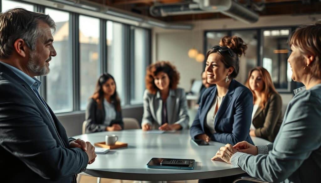 A serene office environment depicting a diverse group of professionals engaged in a collaborative meeting. In the foreground, a middle-aged man in a crisp business suit is listening attentively, while a young woman in smart casual attire is animatedly sharing her ideas. The middle ground features a large round table surrounded by a harmonious mix of individuals of different genders and ethnicities, all looking engaged and supportive. In the background, large windows allow natural light to flood the space, creating a warm atmosphere, complemented by soft, ambient lighting. The focus on their expressions conveys trust and openness, symbolizing "psychological safety." Captured with a Sony A7R IV at 70mm, ensuring clarity and sharpness, utilizing a polarized filter to enhance lighting and details.