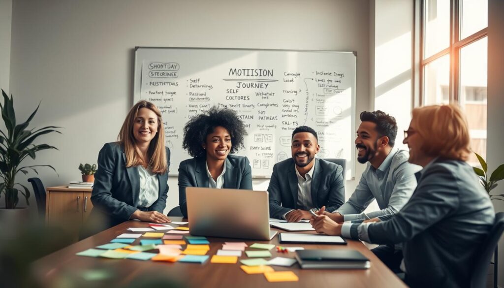 A serene office environment, emphasizing the journey of intrinsic motivation. In the foreground, a diverse group of three professionals—one woman and two men—are engaged in a lively brainstorming session around a table covered with colorful sticky notes and a laptop. Their expressions reflect enthusiasm and curiosity, dressed in smart business attire. In the middle ground, a whiteboard filled with motivational phrases and diagrams illustrates the concepts of self-determination and passion. The background features a large window with natural light streaming in, casting soft shadows. The atmosphere is uplifting and inspiring, with a harmonious blend of warm indoor lighting. Shot with a Sony A7R IV at 70mm, the image is sharply defined and well-composed, enhanced by a polarized filter to reduce glare and enrich colors. A serene office environment, emphasizing the journey of intrinsic motivation. In the foreground, a diverse group of three professionals—one woman and two men—are engaged in a lively brainstorming session around a table covered with colorful sticky notes and a laptop. Their expressions reflect enthusiasm and curiosity, dressed in smart business attire. In the middle ground, a whiteboard filled with motivational phrases and diagrams illustrates the concepts of self-determination and passion. The background features a large window with natural light streaming in, casting soft shadows. The atmosphere is uplifting and inspiring, with a harmonious blend of warm indoor lighting. Shot with a Sony A7R IV at 70mm, the image is sharply defined and well-composed, enhanced by a polarized filter to reduce glare and enrich colors.