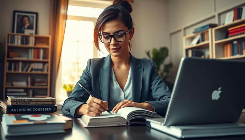 A serene office environment, featuring a confident professional woman in smart business attire. She is seated at a modern desk, surrounded by motivational books and a laptop displaying online courses. The foreground shows her focused, as she writes in a notebook, symbolizing self-improvement and lifelong learning. In the middle, a large window lets in natural light, casting a warm glow over the room, enhancing the atmosphere of growth and positivity. In the background, a bookshelf filled with educational resources and personal development materials showcases a commitment to continuous learning. Shot on a Sony A7R IV at 70mm, with sharp focus and defined details, utilizing a polarized filter to minimize reflections and create a polished look. The mood is inspiring and empowering, capturing the essence of self-help through education and personal development. A serene office environment, featuring a confident professional woman in smart business attire. She is seated at a modern desk, surrounded by motivational books and a laptop displaying online courses. The foreground shows her focused, as she writes in a notebook, symbolizing self-improvement and lifelong learning. In the middle, a large window lets in natural light, casting a warm glow over the room, enhancing the atmosphere of growth and positivity. In the background, a bookshelf filled with educational resources and personal development materials showcases a commitment to continuous learning. Shot on a Sony A7R IV at 70mm, with sharp focus and defined details, utilizing a polarized filter to minimize reflections and create a polished look. The mood is inspiring and empowering, capturing the essence of self-help through education and personal development.