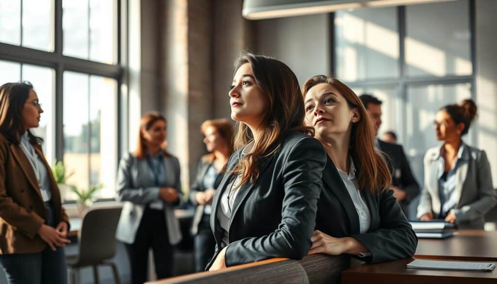 A serene office environment featuring a diverse group of professionals engaged in deep conversation. In the foreground, a woman in professional business attire, looking thoughtful and relaxed, leans against a desk, exuding a sense of relief and newfound freedom. In the middle ground, other colleagues express curiosity and support, fostering a collaborative atmosphere. The background showcases large windows with natural light streaming in, illuminating the room and casting gentle shadows. The scene is shot with a Sony A7R IV at 70mm, ensuring a shallow depth of field that highlights the emotional expressions. The mood is contemplative yet hopeful, reflecting the transition away from leadership roles towards personal fulfillment.