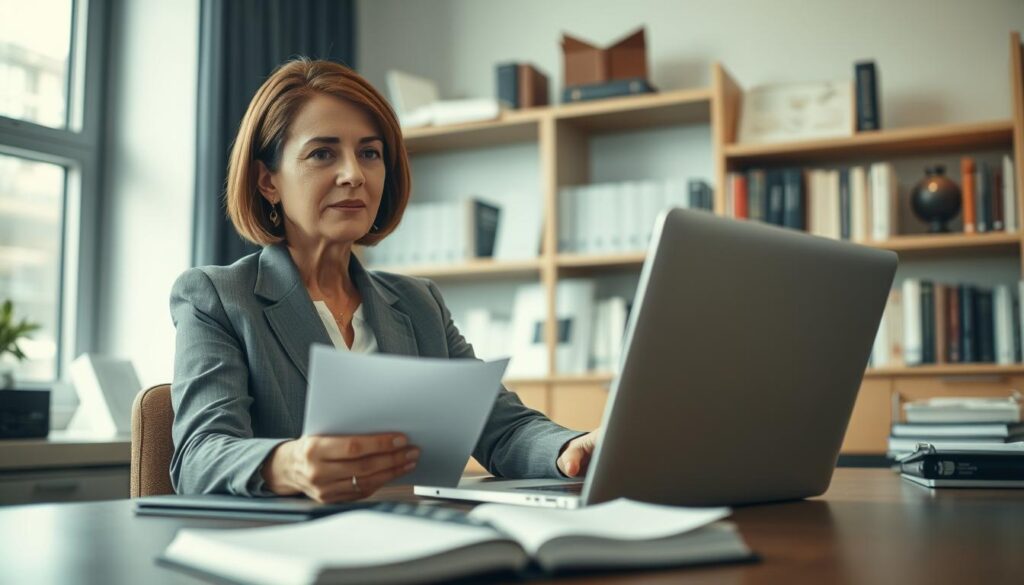A serene office environment featuring a professional, mid-aged woman in a smart business suit, sitting at a desk with a laptop open in front of her, focused intently on crafting an email. She has a thoughtful expression, portraying courteousness and professionalism. In the foreground, a neatly arranged notepad with elegant stationery can be seen. The middle ground shows a well-organized workspace with soft lighting from a nearby window, creating a warm atmosphere. In the background, blurred bookshelves filled with business literature add depth and context. Shot with a Sony A7R IV at 70mm, the image is sharply defined with a polarized filter, conveying a sense of calm and respect in the act of making polite inquiries.