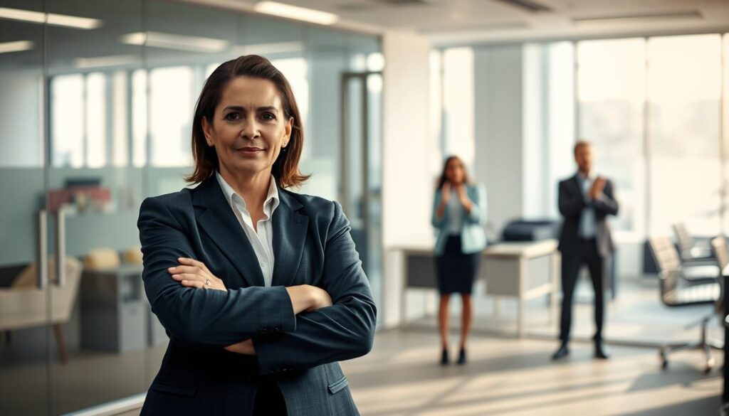 A serene office environment illustrates the concept of "personal boundaries." In the foreground, a person in professional attire stands confidently with their arms crossed, conveying assertiveness and self-assuredness. Their expression is calm yet determined, suggesting they are setting limits. In the middle ground, two colleagues stand at a distance, one with a concerned look, the other gesturing animatedly, representing conflicting perspectives on boundary setting. The background features a modern office with glass walls and soft natural light streaming in, creating a bright and open atmosphere. The image is captured using a Sony A7R IV with a 70mm lens, ensuring clear focus and sharp definition, enhanced by a polarized filter to enrich colors and contrast, resulting in a professional and thoughtful exploration of the theme.
