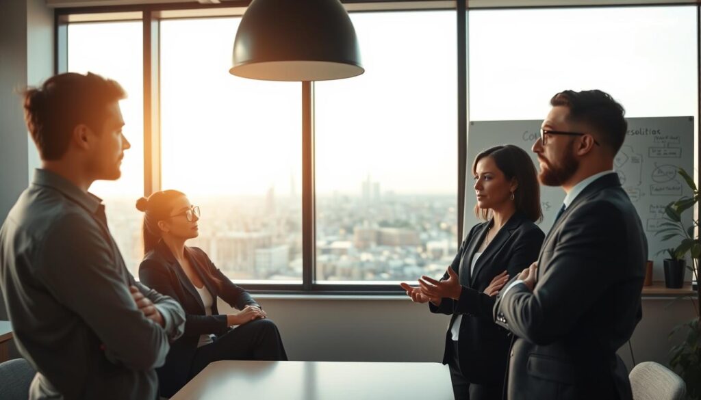 A serene office environment illustrating the concept of conflict management. In the foreground, a diverse group of three professionals—two men and one woman—engaged in a constructive dialogue, dressed in business attire. Their body language is open and collaborative, with one person gesturing thoughtfully while the others listen intently. In the middle ground, a large window reveals a calming cityscape, providing natural light that creates a warm atmosphere. The background features a whiteboard with diagrams and notes related to conflict resolution techniques, subtly reinforcing the theme. Shot on a Sony A7R IV, 70mm lens, with a polarized filter for clear focus and vibrant colors, the composition conveys a sense of professionalism and productivity, encouraging a positive approach to conflict management. A serene office environment illustrating the concept of conflict management. In the foreground, a diverse group of three professionals—two men and one woman—engaged in a constructive dialogue, dressed in business attire. Their body language is open and collaborative, with one person gesturing thoughtfully while the others listen intently. In the middle ground, a large window reveals a calming cityscape, providing natural light that creates a warm atmosphere. The background features a whiteboard with diagrams and notes related to conflict resolution techniques, subtly reinforcing the theme. Shot on a Sony A7R IV, 70mm lens, with a polarized filter for clear focus and vibrant colors, the composition conveys a sense of professionalism and productivity, encouraging a positive approach to conflict management.