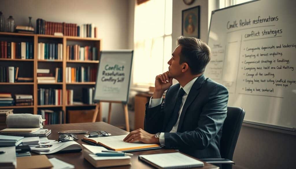 A serene office environment representing self-reflection in conflict management. In the foreground, a thoughtful professional in business attire, seated at a desk cluttered with notes and a journal, gazing contemplatively out of a window. The middle ground features a whiteboard with conflict resolution strategies sketched out, illuminated by soft natural light filtering through the window. In the background, shelves filled with books on communication and leadership create a scholarly atmosphere. The image should evoke a mood of introspection and focus, captured with a Sony A7R IV at 70mm, ensuring clarity and sharp definition with a polarized filter to enhance colors. A serene office environment representing self-reflection in conflict management. In the foreground, a thoughtful professional in business attire, seated at a desk cluttered with notes and a journal, gazing contemplatively out of a window. The middle ground features a whiteboard with conflict resolution strategies sketched out, illuminated by soft natural light filtering through the window. In the background, shelves filled with books on communication and leadership create a scholarly atmosphere. The image should evoke a mood of introspection and focus, captured with a Sony A7R IV at 70mm, ensuring clarity and sharp definition with a polarized filter to enhance colors.