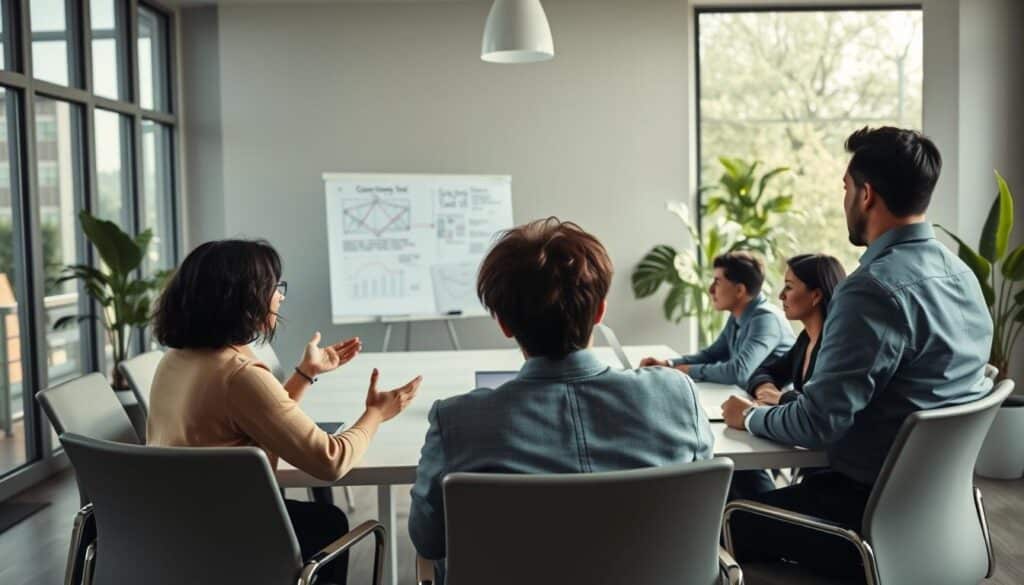 A serene office environment serves as the backdrop, featuring a modern conference table surrounded by diverse professionals engaged in a collaborative discussion. In the foreground, a diverse group of three individuals are shown actively listening, with one person making gestures as if sharing a practical tip. They are dressed in professional business attire, conveying formality and seriousness. Soft natural light filters through large windows, enhancing a warm and inviting atmosphere. The middle layer includes visual elements like a whiteboard with diagrams or charts on compromise strategies, symbolizing effective communication. In the background, subtle greenery from potted plants adds tranquility. Captured with a Sony A7R IV at 70mm, the image is sharply focused with a polarized filter for clarity, evoking a sense of constructive dialogue and teamwork.