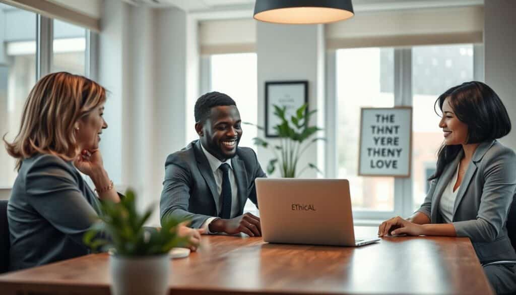 A serene office environment showcasing a diverse group of professionals engaged in ethical discussions. In the foreground, a thoughtfully diverse group of three individuals—one Caucasian woman, one Black man, and one Asian woman—are seated at a conference table, dressed in professional business attire. They are animatedly sharing ideas and collaborating over a laptop displaying ethical guidelines. In the middle background, large windows let in soft, natural light, creating a warm and inviting atmosphere. A potted plant and motivational artwork decorate the space, symbolizing growth and integrity. The image is shot with a Sony A7R IV 70mm lens, clearly focused and sharply defined, using a polarized filter to enhance clarity and vibrancy. Aim for a mood of professionalism, collaboration, and integrity. A serene office environment showcasing a diverse group of professionals engaged in ethical discussions. In the foreground, a thoughtfully diverse group of three individuals—one Caucasian woman, one Black man, and one Asian woman—are seated at a conference table, dressed in professional business attire. They are animatedly sharing ideas and collaborating over a laptop displaying ethical guidelines. In the middle background, large windows let in soft, natural light, creating a warm and inviting atmosphere. A potted plant and motivational artwork decorate the space, symbolizing growth and integrity. The image is shot with a Sony A7R IV 70mm lens, clearly focused and sharply defined, using a polarized filter to enhance clarity and vibrancy. Aim for a mood of professionalism, collaboration, and integrity.