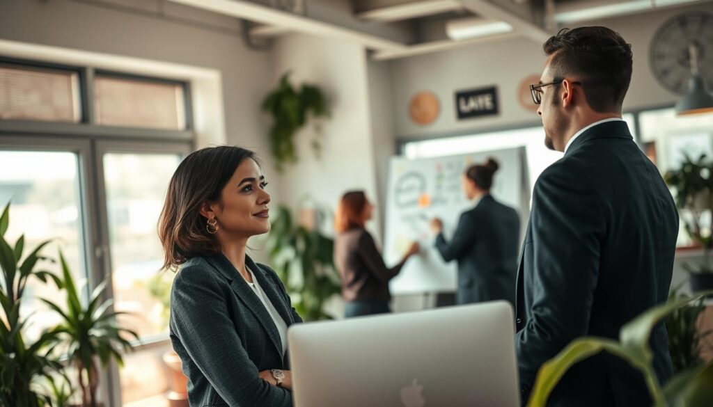 A serene office environment showcasing a diverse group of professionals engaged in meaningful collaboration. In the foreground, a thoughtful woman in smart business attire converses with a colleague, both showing expressions of fulfillment and passion for their work. In the middle ground, another team member is brainstorming ideas on a whiteboard, exuding a sense of purpose. The background features large windows with soft, natural light streaming in, illuminating a vibrant workspace filled with plants and motivational decor. The overall atmosphere is warm and inspiring, emphasizing the connection between meaningful work and job satisfaction. Shot on a Sony A7R IV at 70mm, focusing sharply on the subjects with a polarized filter, creating a crystal-clear image that highlights the positive energy in the scene.
