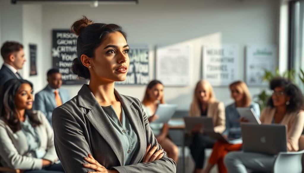 A serene office environment showcasing a diverse group of professionals engaging in constructive discussion. In the foreground, a confident woman in a smart casual outfit actively listens, her expression reflecting openness and curiosity. Surrounding her, colleagues of varying ethnicities are presenting ideas with visual aids like charts and laptops, all emphasized under soft, natural light filtering through large windows. The background features a modern workspace with motivational posters about personal growth and criticism. The scene is shot with a Sony A7R IV at 70mm, ensuring sharp focus and clarity with a polarized filter, creating a calm yet inspiring atmosphere that conveys the importance of critique for personal development.