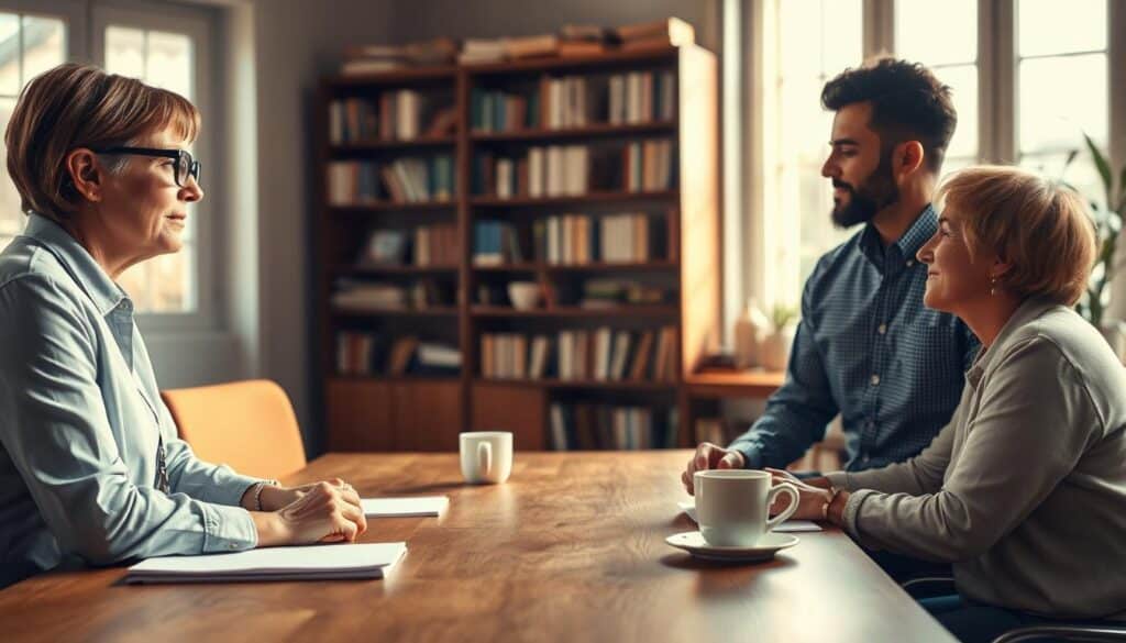 A serene office environment, showcasing a diverse group of three professionals engaged in a collaborative discussion, embodying the principles of Nonviolent Communication. In the foreground, a middle-aged woman with glasses and an African American man, both in professional attire, are actively listening to a young woman with short hair in modest casual clothing. Their facial expressions reflect empathy and understanding. The middle ground features a large wooden table adorned with notepads and coffee cups. In the background, softly blurred, there are bookshelves filled with resources on conflict resolution. Warm, natural lighting floods the room through large windows, creating a peaceful atmosphere. Shot on a Sony A7R IV 70mm, with a clearly focused and sharply defined image enhanced by a polarized filter. A serene office environment, showcasing a diverse group of three professionals engaged in a collaborative discussion, embodying the principles of Nonviolent Communication. In the foreground, a middle-aged woman with glasses and an African American man, both in professional attire, are actively listening to a young woman with short hair in modest casual clothing. Their facial expressions reflect empathy and understanding. The middle ground features a large wooden table adorned with notepads and coffee cups. In the background, softly blurred, there are bookshelves filled with resources on conflict resolution. Warm, natural lighting floods the room through large windows, creating a peaceful atmosphere. Shot on a Sony A7R IV 70mm, with a clearly focused and sharply defined image enhanced by a polarized filter.