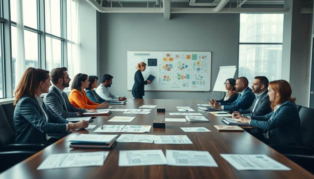 A serene office environment showcasing a large conference table with diverse professionals in professional attire engaging in strategic discussions. In the foreground, documents and charts are spread across the table, highlighting complementary goals and strategic alignment. The middle ground captures a whiteboard filled with colorful mind maps and diagrams, emphasizing harmony in planning. In the background, large windows let in soft natural light, illuminating the space. The mood is focused yet collaborative, illustrating a sense of purpose and teamwork. The image should be shot with a Sony A7R IV at 70mm, clearly focused and sharply defined, using a polarized filter to enhance colors and details, creating a professional and inspiring atmosphere.