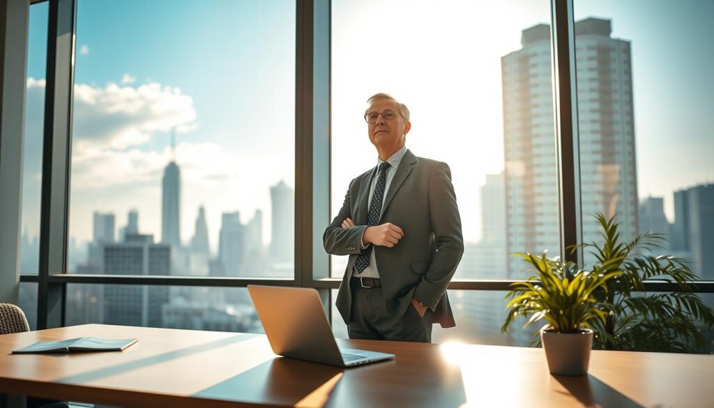 A serene office environment, showcasing a middle-aged individual in professional attire, standing confidently by a large window. The foreground features a modern desk with a laptop and a meaningful plant. In the background, city skyscrapers bathe in warm morning light, symbolizing new opportunities. The atmosphere is hopeful and inspiring, with soft shadows highlighting the figure’s contemplative expression. A peaceful blue sky is visible through the window, adding to the sense of optimism. The scene is shot with a Sony A7R IV at 70mm, ensuring sharp focus on the subject while softly blurring the background for depth. A polarized filter enhances colors, creating a vibrant yet calming mood.
