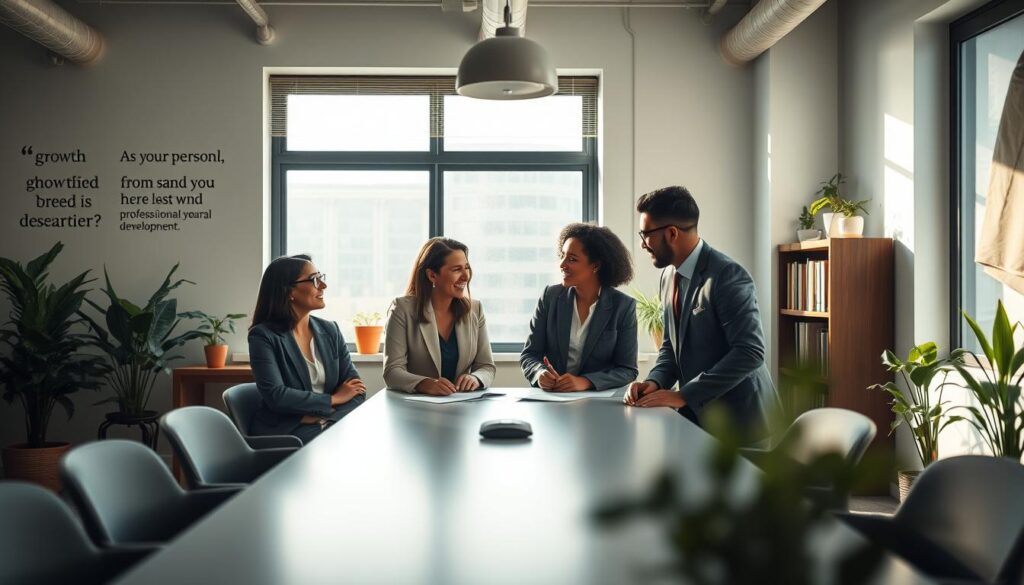 A serene office environment showcasing personal growth in the workplace. In the foreground, a diverse group of three employees, dressed in professional business attire, collaborate around a modern conference table, sharing ideas with enthusiasm. The middle ground features a large window allowing soft, natural light to illuminate the room, creating a warm and inviting atmosphere. On the walls, inspirational quotes about growth and achievement are subtly visible. In the background, green plants and a bookshelf filled with professional development books enhance a sense of motivation and learning. The image is shot with a Sony A7R IV at 70mm, clearly focused with sharply defined details, using a polarized filter to enhance the clarity and vibrancy of colors, evoking a mood of positivity and aspiration.