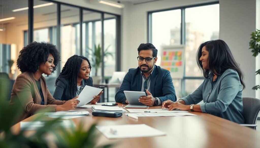 A serene office environment showcasing professionalism and compromise at work. In the foreground, a diverse group of three colleagues—one Black woman, one Hispanic man, and one South Asian woman—engaged in a constructive discussion around a conference table laden with documents and digital devices. The middle ground highlights a modern workspace with glass walls, indoor plants, and a whiteboard filled with colorful notes. In the background, the soft glow of natural light filters in through large windows, creating a warm and inviting atmosphere. Use a Sony A7R IV with a 70mm lens, clearly focused, sharply defined, and enhanced with a polarized filter to accentuate the vibrant colors and details. The mood should convey cooperation and open communication, embodying the essence of compromise in the workplace.