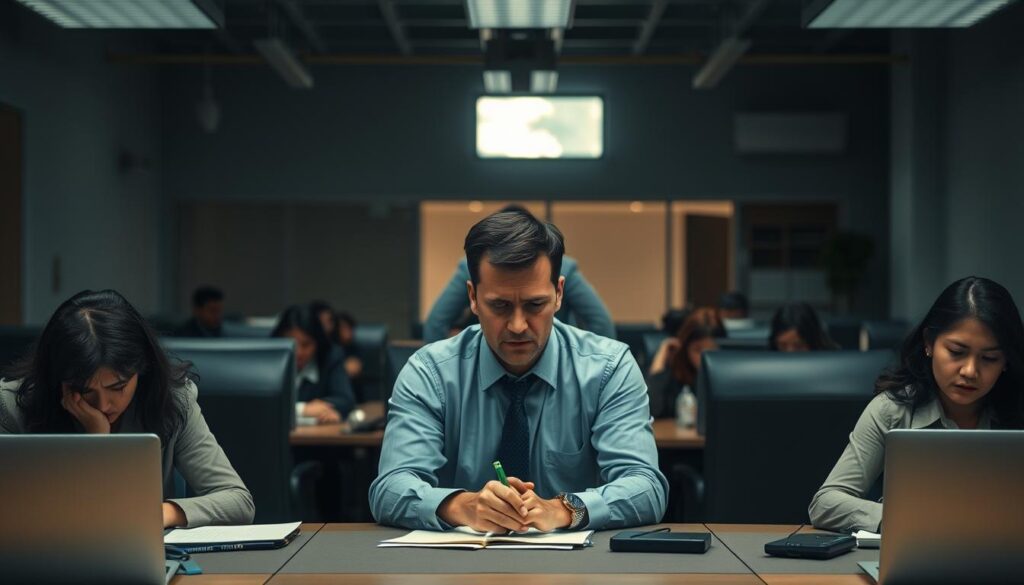 A serene office environment showing the negative impact of poor leadership on employee well-being. In the foreground, a diverse group of employees in professional attire appears stressed and disengaged as they work at their desks, their faces showing signs of anxiety. In the middle ground, a manager is depicted with an indifferent expression, overlooking the team from an elevated position, symbolizing ineffectual leadership. The background reveals a dimly lit office space, with shadows occupying the corners, contrasting with a small area of soft, natural light streaming through the window, hinting at hope. The overall atmosphere is somber and reflective, conveying the seriousness of workplace stress. Captured with a Sony A7R IV at 70mm, ensuring a clear focus on the subjects, with a polarized filter enhancing details and textures. A serene office environment showing the negative impact of poor leadership on employee well-being. In the foreground, a diverse group of employees in professional attire appears stressed and disengaged as they work at their desks, their faces showing signs of anxiety. In the middle ground, a manager is depicted with an indifferent expression, overlooking the team from an elevated position, symbolizing ineffectual leadership. The background reveals a dimly lit office space, with shadows occupying the corners, contrasting with a small area of soft, natural light streaming through the window, hinting at hope. The overall atmosphere is somber and reflective, conveying the seriousness of workplace stress. Captured with a Sony A7R IV at 70mm, ensuring a clear focus on the subjects, with a polarized filter enhancing details and textures.