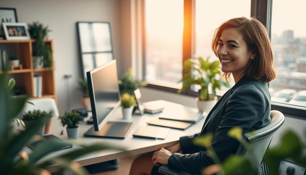 A serene office environment symbolizing "beruflicher Sinn" with a professional individual sitting at a desk, radiating fulfillment. In the foreground, a woman in smart business attire, smiling and looking at her computer screen, surrounded by greenery and personal mementos that reflect her passions. In the middle background, a large window allows soft, natural light to flood the space, illuminating the scene and creating a warm atmosphere. In the far background, glimpses of a bustling cityscape can be seen, contrasting with the tranquility of her workspace. The image is crisp and clearly focused, shot with a Sony A7R IV at 70mm, with a polarized filter enhancing the vivid colors and sharp details, evoking feelings of contentment and purpose in professional life.