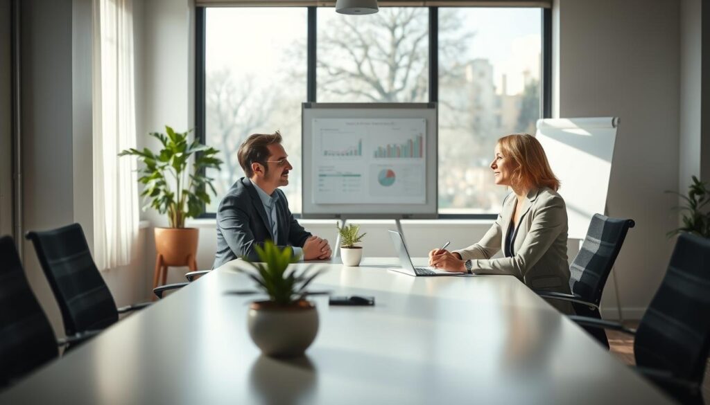 A serene office environment where two business professionals, a man and a woman, are engaged in a constructive dialogue to resolve a conflict. In the foreground, they are seated across from each other at a modern conference table, both wearing professional business attire. The middle ground features a whiteboard with charts and notes that hint at their discussion points, while a potted plant adds a touch of nature. The background illustrates a large window with natural light streaming in, casting soft shadows and creating a warm, encouraging atmosphere. The scene conveys collaboration and understanding, shot on a Sony A7R IV at 70mm, clearly focused with sharply defined details, utilizing a polarized filter for enhanced clarity.