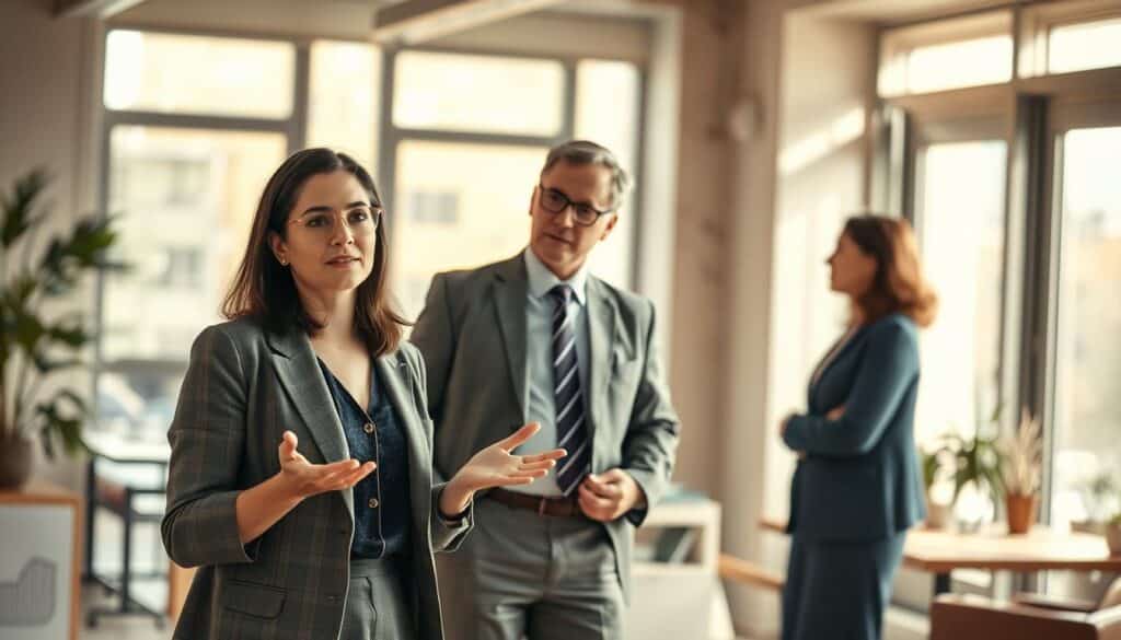 A serene office environment with a diverse group of three professionals engaged in a constructive discussion. In the foreground, a woman in smart casual attire maintains a calm demeanor while expressing herself with open body language, emphasizing her 'I' statements. In the middle, a focused man in formal business wear listens attentively, nodding in understanding. The background features a bright, inviting office space with large windows allowing natural light to flood in, enhancing the atmosphere of collaboration and openness. Soft shadows and warm tones create a harmonious mood, suggesting positive communication. The image is captured with a Sony A7R IV at 70mm, showcasing sharp focus and detail, enhanced by a polarized filter to eliminate glare and enrich colors.